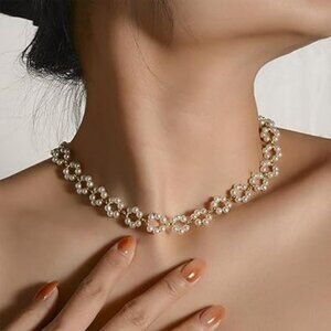 Pearl Flower Necklace Women 14K Gold Plated Floral Pearl Beads Classy